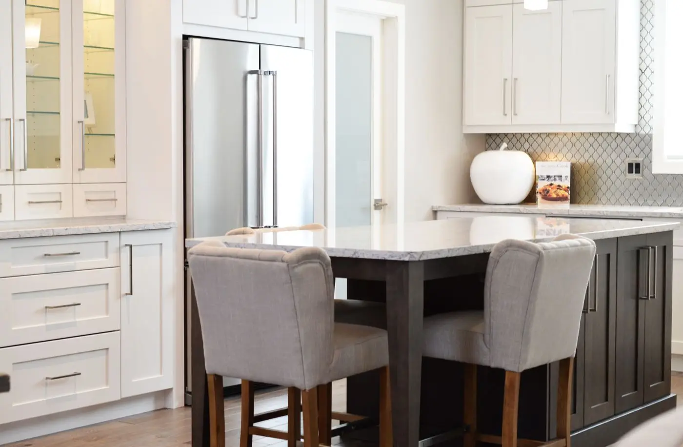 A bright residential kitchen with cabinets and counters. St. Petersburg.